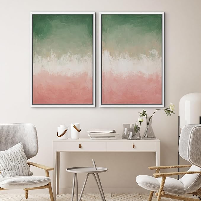SIGNWIN Framed Canvas Print Wall Art Set Green and Pink Ombre Abstract Contemporary Gradient Modern Art Minimal Boho Relax/Calm for Living Room, Bedroom, Office - 16"x24"x2 White