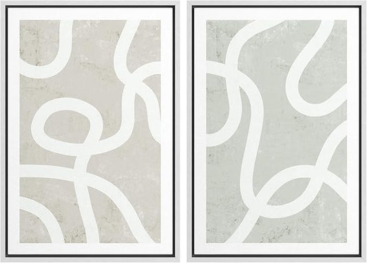 SIGNWIN Framed Canvas Print Wall Art Set Pastel White Swirl Pattern Collage Abstract Shapes Illustrations Modern Art Minimal Boho Relax/Calm for Living Room, Bedroom, Office - 24"x36"x2 White
