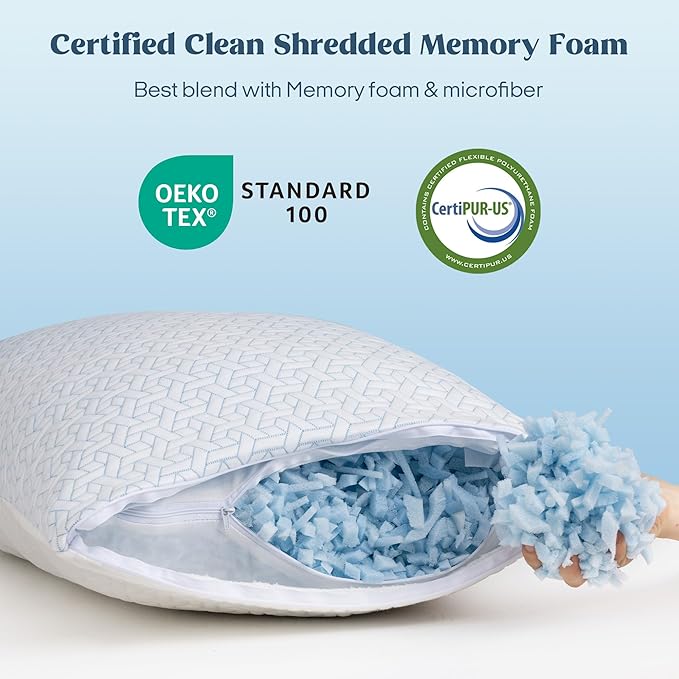puredown® Shredded Memory Foam Pillows King Size Set of 2,Cooling Pillows for Sleeping,Adjustable Foams Bed Pillow with Zipper Removable Pillow Cover,20x36In