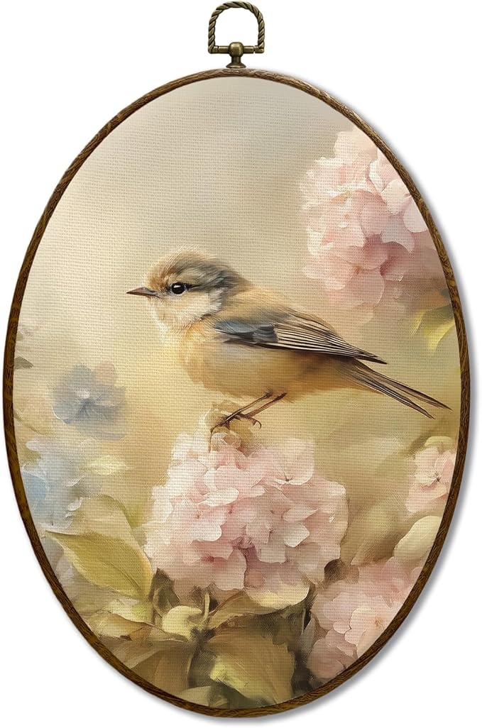 JQF Vintage Bird Hydrangea Oval Wall Art, Floral Rustic Cottagecore Pink Hydrangea Oval Canvas Wall Art, Retro Flower Bird Framed Prints Hanging Decor for Home Bedroom Living Room, 8.5x11.5 Inch