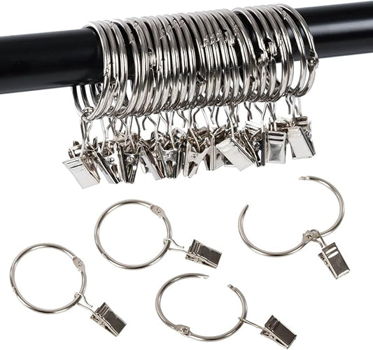 Openable Curtain Rings with Clips,1inch Inner Diameter,Heavy Duty Rustproof Metal Decorative Vintage Drapery Rings Curtain Clips Rod Hangers Door Curtain and Shower Curtain Rings Silver Zocang