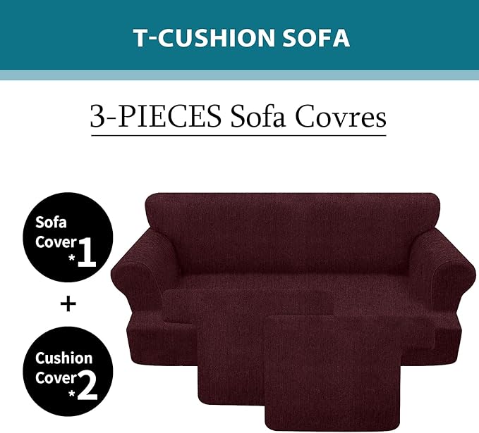3 Piece T Cushion Sofa Slipcovers Stretch Couch Cover Furniture Covers with 2 Individual T Cushion Covers, Machine Washable for Living Room (Burgundy, 2 Cushions)