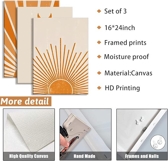 3Pcs Boho Minimalist Wall Art Abstract Sun Moon Canvas Wall Decor Beige Sunshine Mid Century Modern Nordic Style Pictures Prints Posters for Living Room Bedroom Home Decor Ready To Hang 16x24in