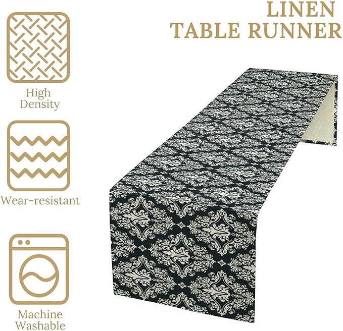 Damask Pattern Table Runner ,Exquisite Black White Baroque Table Runner for Kitchen Dining Party Decor 13x72in
