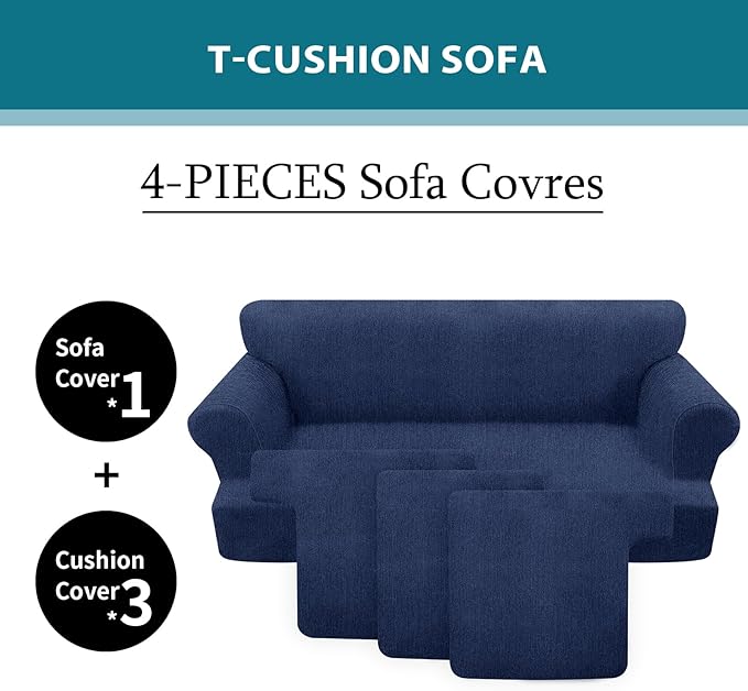 T Cushion Sofa Slipcover 4 Pieces Sofa Covers for T Cushion Couch Soft Sofa Slip Covers Furniture Protector with 3 Individual T Shape Seat Covers (Navy, 3 Cushions)