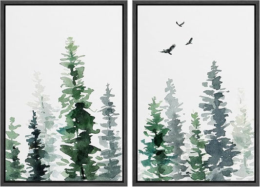 SIGNWIN Framed Wall Art Print Set Watercolor Green & Gray Forest and Birds Nature Wilderness Illustrations Modern Art Rustic Relax/Calm Multicolor for Living Room, Bedroom, Office - 24"x36"x2 Black