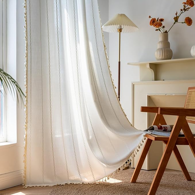 Sutuo Home Boho Curtains for Bedroom 84 Inch Length, Light Filtering Country Farmhouse Vintage Shabby Chic Tassels Window Treatment Bohemian Embroidery Drape, Rod Pocket 1 Panel 52" W x 84" L, White