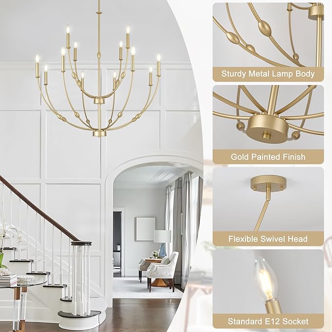Large Gold Chandelier Light Fixture, 2 Tier 12-Lights Long Chandeliers for High Ceilings, Modern Candle Chandelier for Living Room Foyer Entryway