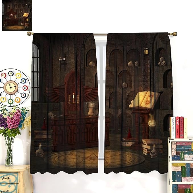 Gothic Mid Century Blackout Curtains, Medieval Castle Vintage Skulls Wall Print Window Drapes, for Living Room Bedroom 26(W)*84(L) 2 Panels