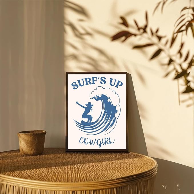 Blue Coastal Cowgirl Surfer Girl Canvas Posters Unframed, Beachy Preppy Aesthetic Room Decor Pictures, Beachy Preppy Aesthetic Room Decor Pictures For Teen Girl Dorm Apartment Decoration - 8" X 10"