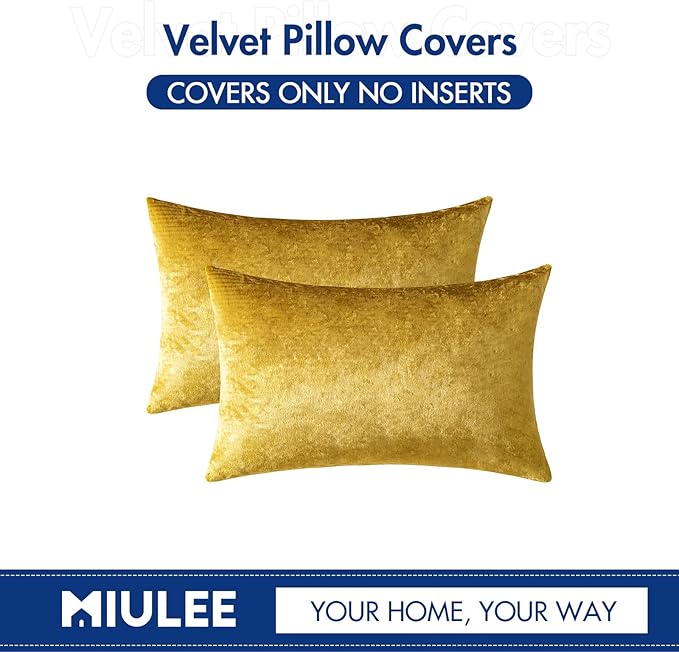 MIULEE Pack of 2 Golden Velvet Throw Pillow Covers 12x20 Inch Soft Solid Decorative Set Lumbar Fall Cushion Cases for Couch Sofa Bedroom