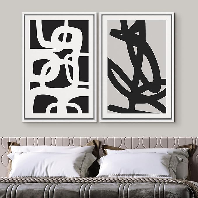 SIGNWIN Framed Canvas Print Wall Art Set Black White Geometric Dark Ring Collage Abstract Shapes Illustrations Modern Art Minimal Boho Relax/Calm for Living Room, Bedroom, Office - 16"x24"x2 White