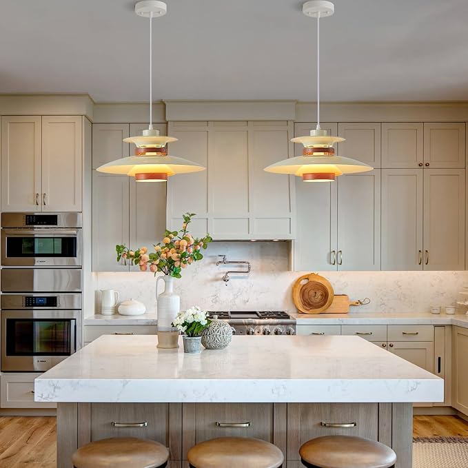 Modern Decor Adjustable Pendant Lamp Kitchen Island, Aluminum and Wood Finish,1-Light E26 Base Ceiling Hanging Light for Dining Room Shop Restaurant (Beige+Dark Wood Grain, 35cm)