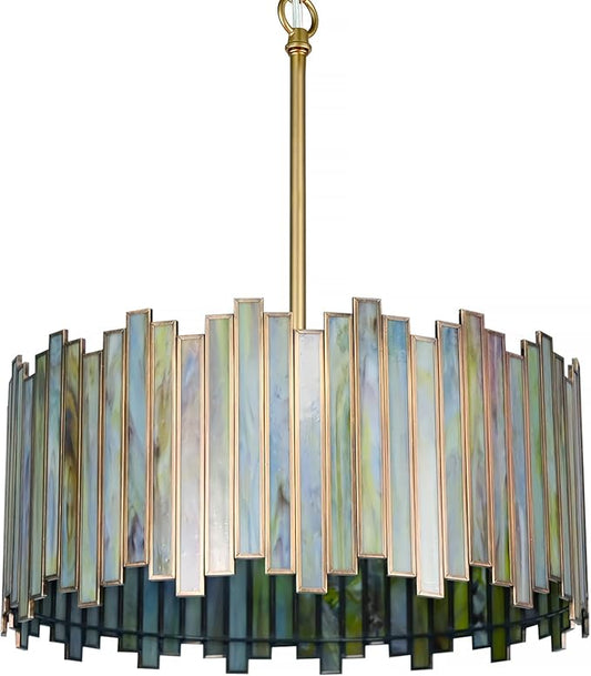 Drum Chandelier 4-Light, Brass Gold Tiffany Pendant Lighting Fixture with Stained Gradient Green Glass Shade, 16” Round Ceiling Hanging Lamp Kitchen Island Bedroom Dining Living Room