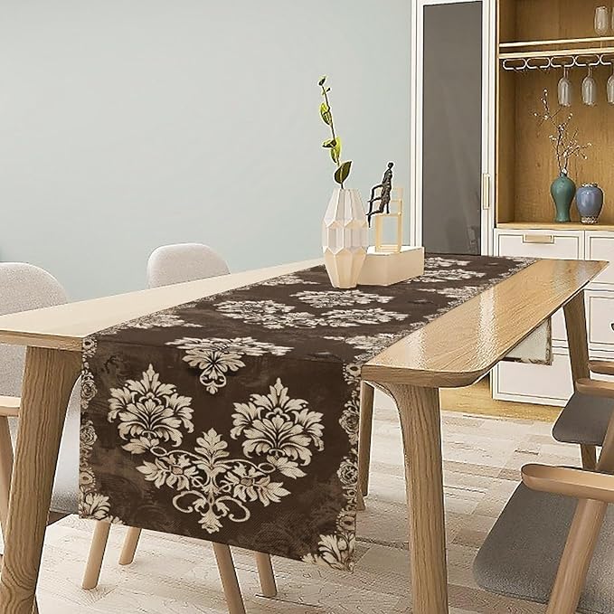 Moroccan Damask Table Runner, Oriental Classical Damask Inspired Abstract Bird Pattern Table Runner for Kitchen Dining Weddings Party Decor 13x72in