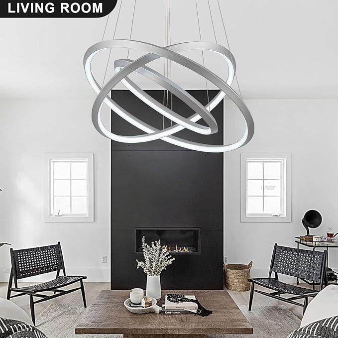 Modern LED Chandelier Room Decor 3 Ring Circular Chandelier Dimmable 23.6”Round Pendant Light Contemporary for Dining Living Room Foyer Bedroom 6000K Silver 5040lm