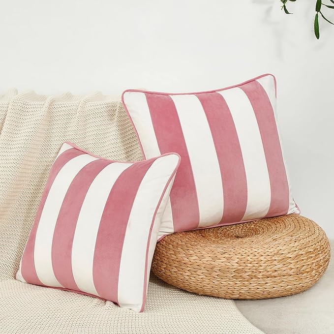 MONDAY MOOSE Decorative Throw Pillow Covers Cushion Cases, Set of 2 Soft Velvet Striped Piping Edge Designs, Pillow Inserts Not Included (Light Pink/White, 20x20 inch)