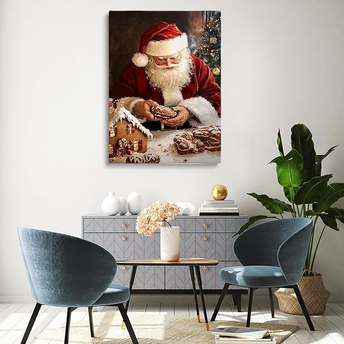 Christmas Gingerbread House and Santa Wall Art Print,Vintage Cozy Christmas Kitchen Wall Paintings for Kitchen Home Decor