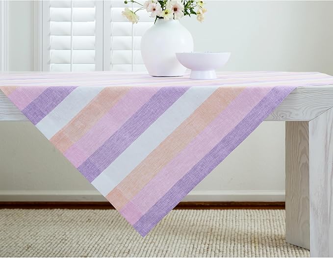 Solino Home Linen Square Tablecloth 50 x 50 Inch - 100% Pure Linen Multicolor Gelato Stripe Table Throw - Machine Washable Tablecloth