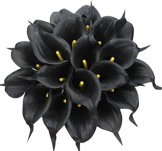 Duovlo 20pcs Calla Lily Bridal Wedding Bouquet Lataex Real Touch Artificial Flower Home Party Decor (Black)
