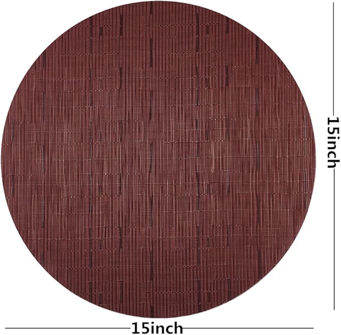 WAZAIGUR Round Placemats Set of 6 Woven Vinyl Easy to Clean Heat Resistant Kitchen Table Mats 15 Inch(Wine Red 6)