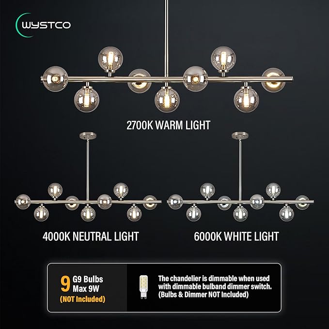 Mid Century Modern Globe Sputnik Chandelier, 9-Light Linear Chandeliers for Dining Room and Kitchen Island, Dining Light Fixture Over Table, Nickel and Smoke Grey Glass Bubble, 40 Inch