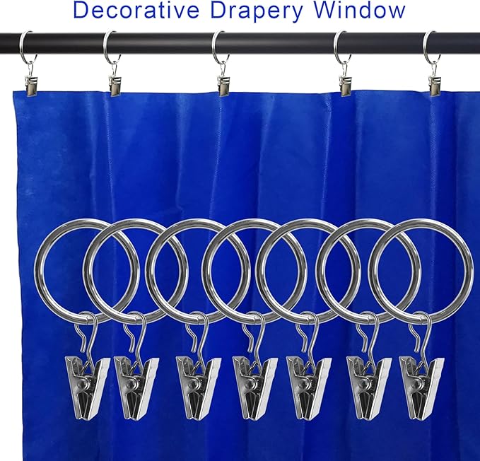 100 Pack Curtain Rings with Clips, Drapery Clips with Rings, Drapes Rings 1.26 in Interior Diameter, Fits up to 1 Inch Curtain Rod, Silver