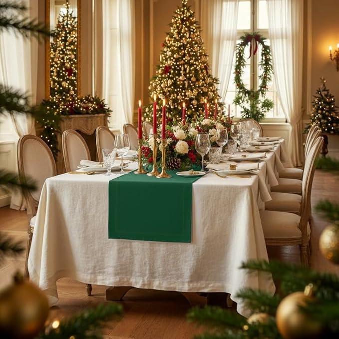 D'Moksha Homes Linen Forest Green Table Runner 84 Inches Long - 100% Pure Linen 14 x 84 Inch Table Runner for Dining, Fall, Thanksgiving, Christmas, Holiday - Machine Washable
