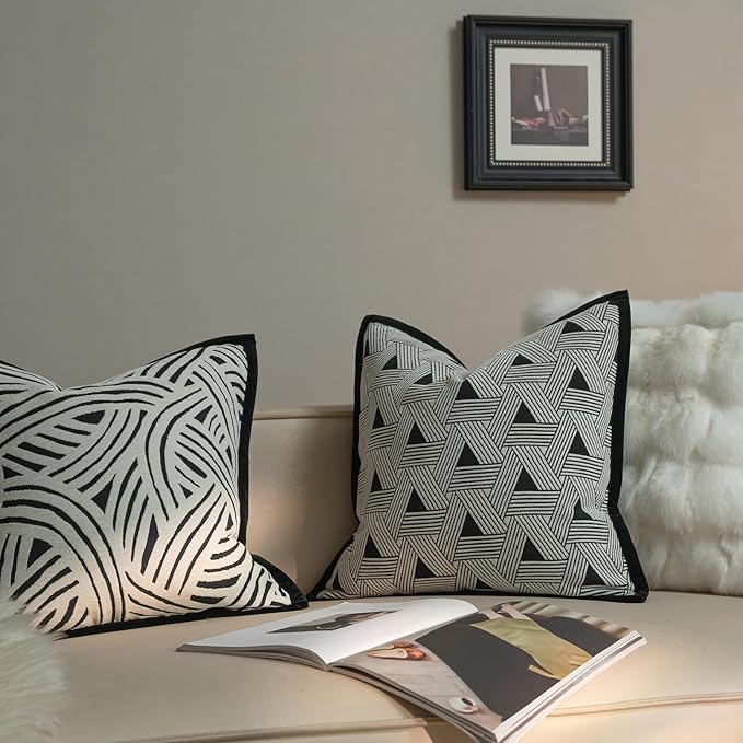 New 18x18'' inches Throw Pillow Cushion Covers - Triangle Black Color Chenille Jacquard Embroidery with Edge Strip Luxury Modern Style Couch Sofa Bed Pillow Cover for Living Room Bedroom