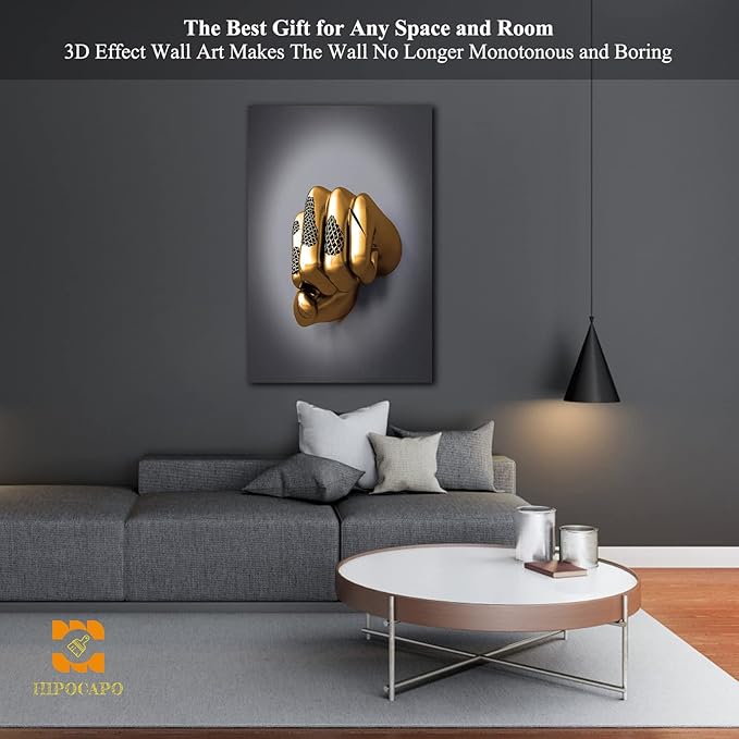 3D Wall Art - Abstract 3D Metal Effect Canvas Wall Art, 3D Modern Large Wall Art for Office, Golden Boxer Gesture 3D Art Wall Decor for Modern Bedroom Decor Framed 24”x36”x1Pcs
