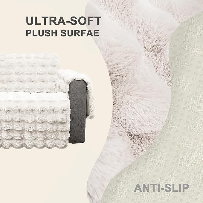 Plush and Fuzzy Shaggy Couch Cover, Dog Pad Faux Fur Sofa Cover, Water Resistant Slipcover, Non-Slip Furniture Protector for Kids,Dogs,Cats.(White-Bubble, Large Recliner)