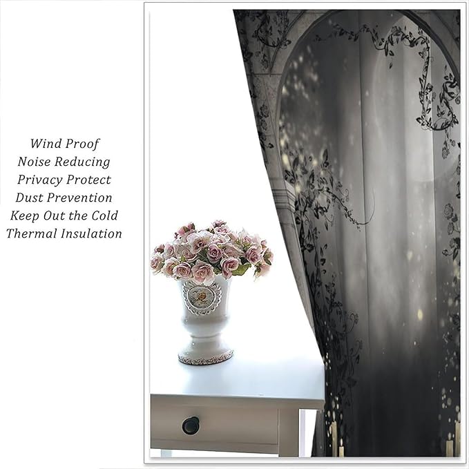 Gothic Moon Blackout Curtains, Vintage Mid Century Gothic Castle Watercolor Rustic Old Architecture Window Drapes, for Living Room Bedroom 27.5(W)*63(L) 2 Panels