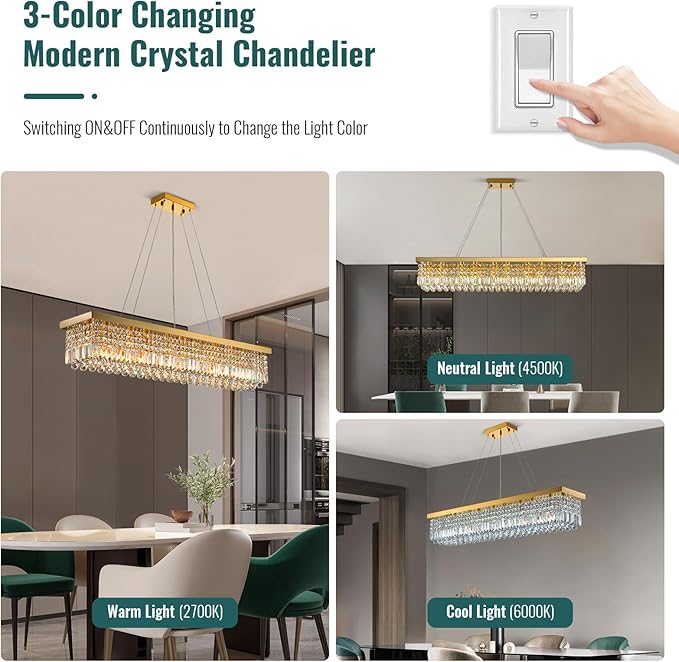 Siljoy 10-Light Modern Crystal Chandelier Gold Rectangular Crystal Raindrop Chandelier Luxury Large Rectangle Flush Mount Pendant Ceiling Light for Dining Room Kitchen Island Bar L47'' x W10'' x H10''
