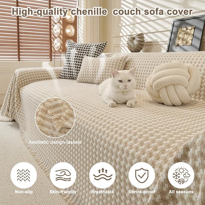 ROOMLIFE Thicked Checkered Boho Khaki Couch Cover for 2-3 Cushion Sofa, Chenille Sofa Slipcovers Sectional Sofas Covers for Dog, Non Slip Washable Furniture Protector Soft with Tassel 71''X118''
