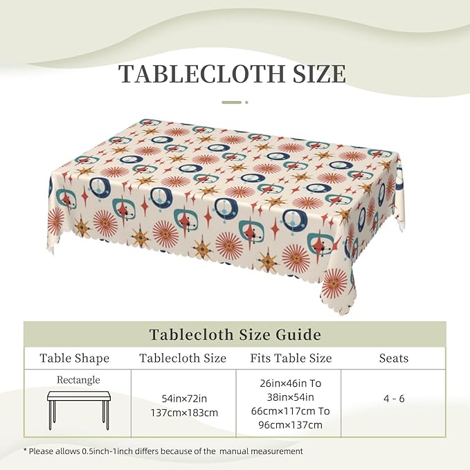 Mid Century Modern Table Cloth for Dining Tables,Reusable Retro Abstract Style Colorful Atomic Star Tablecloths Decor Boho Rectangle Table Cover for Kitchen,Party,Holiday,54x72Inch