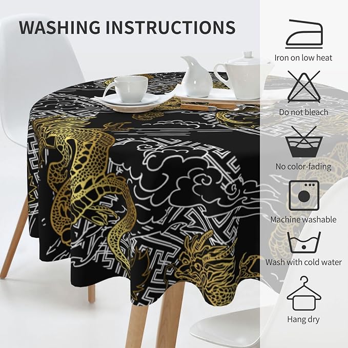 Japanese Tablecloth Round, Black Traditional Zodiac Dragon Vintage Asian Style Oriental Water Resisitant Table Cover for Dining Kitchen Living Room Home Party Holiday Decor 60 inch Round