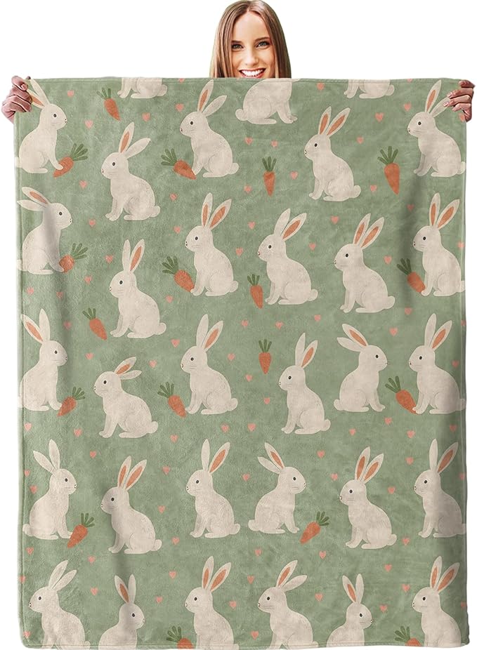 Cute Bunny Carrot Blanket, Plush Soft Lightweight Warm Cozy Flannel 50×40 inch Adorable Rabbit Throw Blanket for Couch, Travel, Bed, Office, Outdoor, Gifts for Kids Girls Teens Adults Women