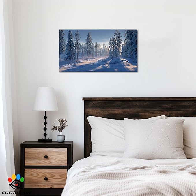 GUTTATY Christmas Winter Scene Canvas Wall Art, Snowy Forest Wall Decor, Serene Pine Tree Canvas Painting, Peaceful Pictures for Living Room, Bedroom, Office, Holiday Decoration, 40x20 Inch