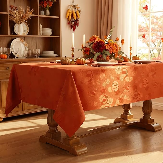 Smiry Rectangle Thanksgiving Tablecloth, 60x102 Inch Fall Waterproof Damask Table Cloth, Pumpkin Fabric Jacquard Table Covers for Harvest Parties, and Holiday Dinner, Terracotta/Rust