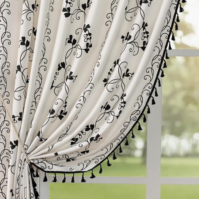 F-CHU Black Floral Curtains for Living Room Bedroom Farmhouse French Country Linen Curtain Flower Pattern Chic Country Rod Pocket Curtains 2 Panels Set 55" W x 96" L