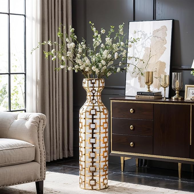 White with Golden Vase for Modern Home Decoration, 24.4 inch Tall Floor Vases for Home Decor, Ceramic vases for décor, Suitable for Living Room Decor, Bathroom Decor and Office Décor
