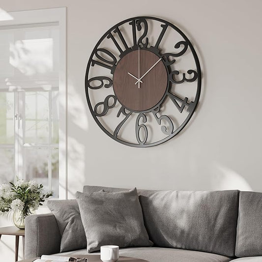 Cuspin 24 inch Large Wall Clock for Living Room Decor, Decorative Metal and Wood Wall Clock Battery Operated Silent Non Ticking, Modern Farmhouse Black Round Big Clocks -Arabic Numerals