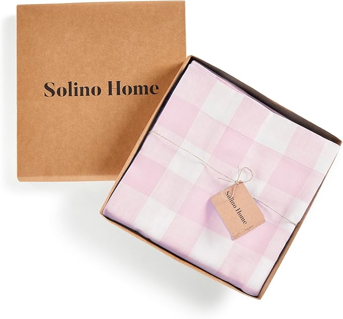 Solino Home Linen Checkered Tablecloth 60 x 108 Inch - 100% Pure Linen Marshmellow Pink Buffalo Plaid Table Cloth for Rectangle Tables - Machine Washable Tablecloth