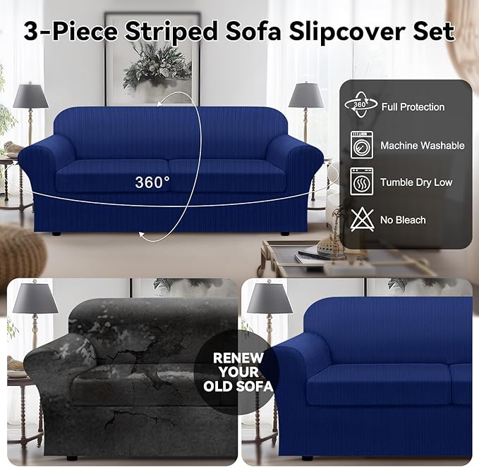 100% WaterproofCouch Cover 3-Piece Set Striped Sofa Slipcovers for 2 Cushion Couch Sofa Covers with TPU Leakproof Bottom Stretch Couch Protector Pet Proof - Sofa(2-Cushion), Navy