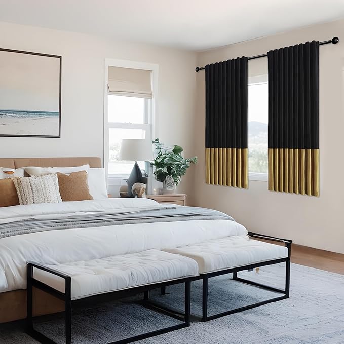Velvet Curtains for Living Room Blak Gold 63 inches Long,2 Panels Blackout Curtains Modern Color Block Back Tab Rod Pocket Soundproof Drapes for Bedroom Window Decor