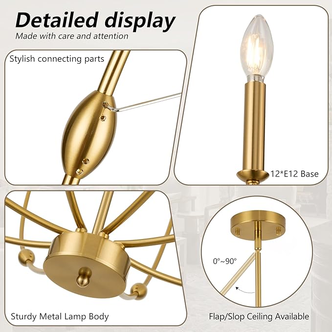 Modern Gold Chandelier, 12- Light Large Chandelier for High Ceilings, 35 inch 2-Tier Candle Style Rustic Hanging Light Fixture for Living Room Foyer Entryway