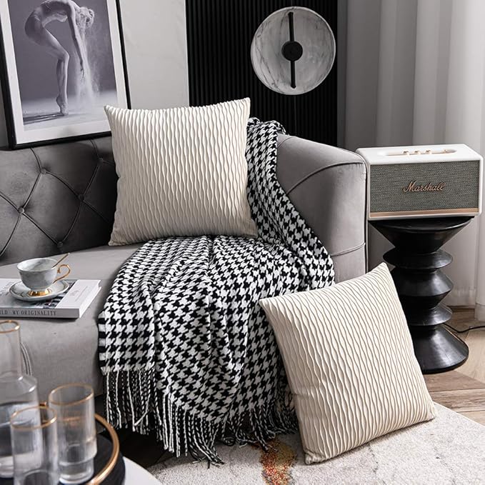 Ivory White Couch Pillow Covers: 2 Pack 18x18 Inch Original Striped Velvet Square Throw Pillow Cases for Farmhouse Home Decor