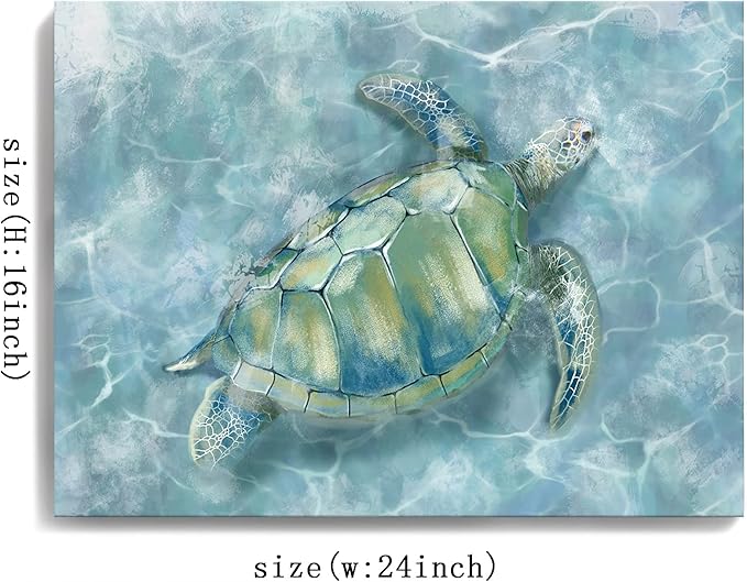 YJYart Bathroom Wall Decor Canvas Wall Art for Bedroom Sea Turtle Pictures Blue Coastal Room Decorations Artwork Green Turtle Wall Decorations 16” x 24”