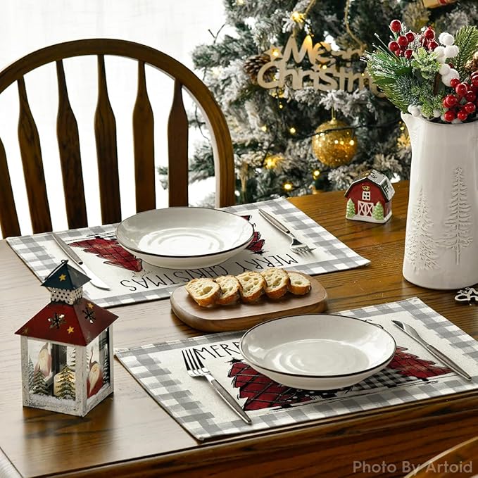 Artoid Mode Watercolor Grey Buffalo Plaid Christmas Trees Placemats Set of 4, 12x18 Inch Winter Table Mats for Party Kitchen Dining Decoration