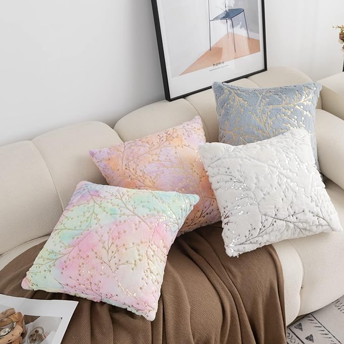 LIGICKY Set of 2 Fluffy White Faux Fur Pillow Covers Silver Branches Glitter Throw Pillows Decorative Soft Furry Sparkling Square Cushion Cases for Sofa Bedroom Party Fall Autumn Décor 24x24inch